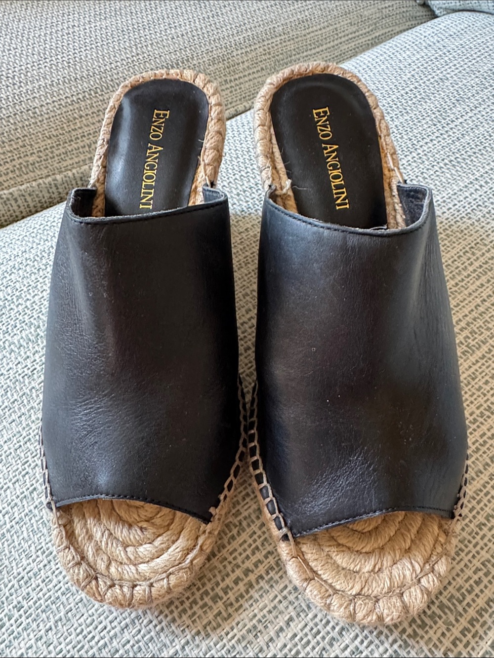 Enzo Angiolini Black Leather Espadrille Mule with Natural Jute Sole